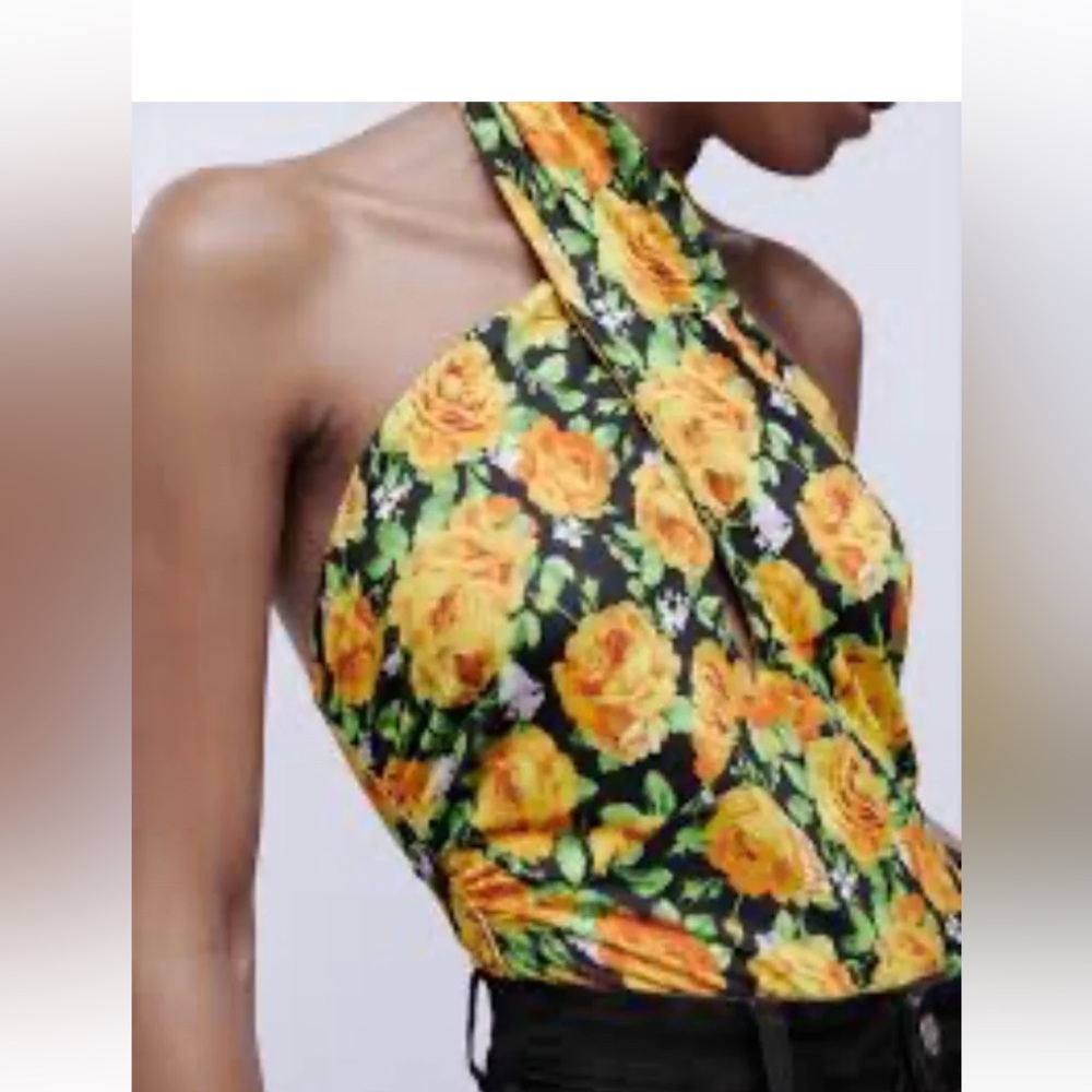 NWT! ZARA Twist Highneck Halter SEXY! Yellow FLORAL BODYSUIT  TOP New! Small